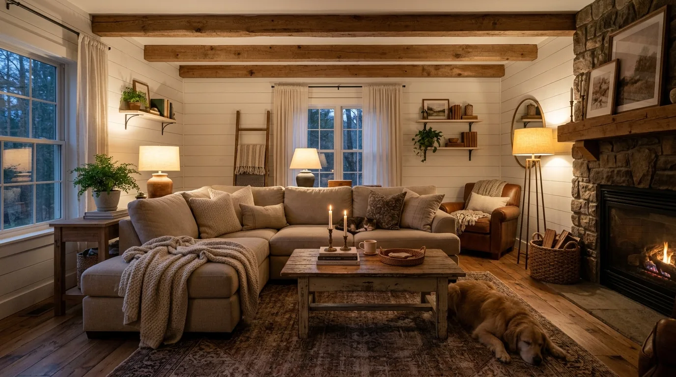 Rustic farmhouse cozy living room with shiplap walls, beige sectional sofa, wood beams, and warm lamps